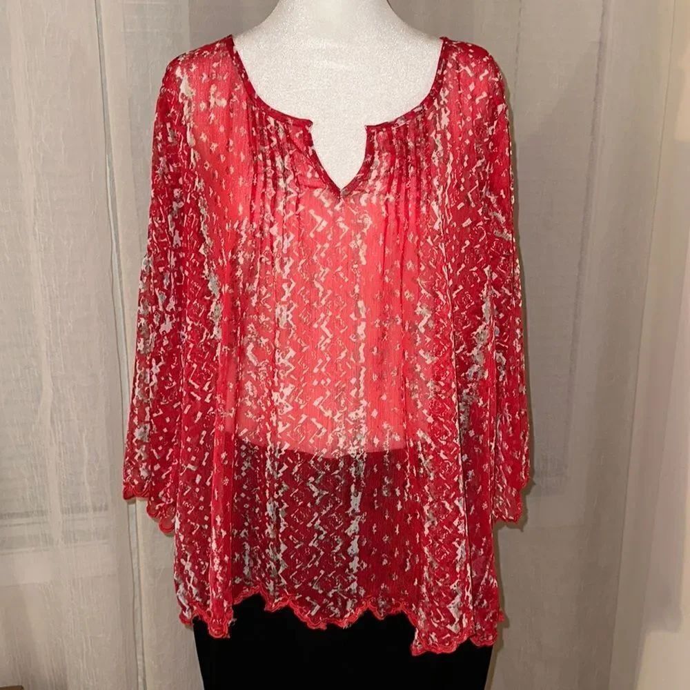 Jessica Simpson 1X Red White Teal Watercolor Spotted Embroidered Blouse